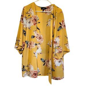 Miss Valley Yellow Floral Kimono Cardigan Women's Size M Lightweight Open Front